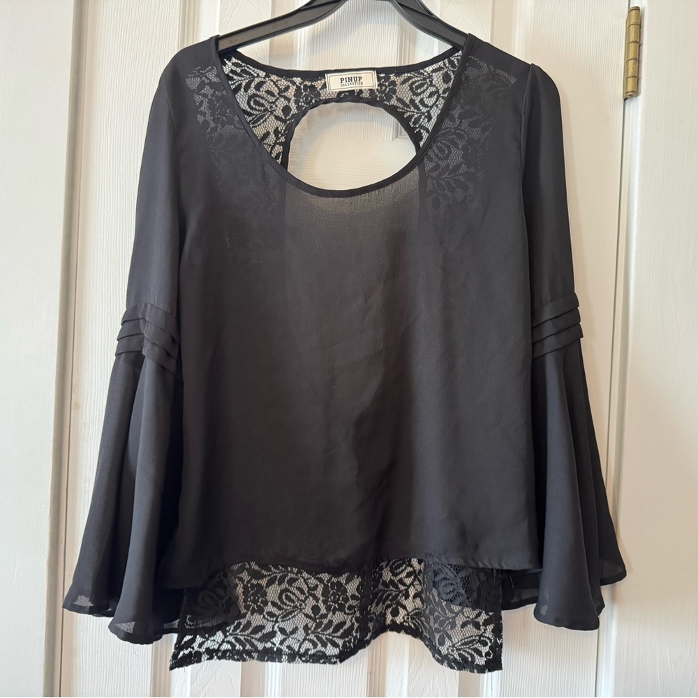 Black Lace Open Back Bell Sleeve Top Fairy Grunge‎  Witchy Boho Medium